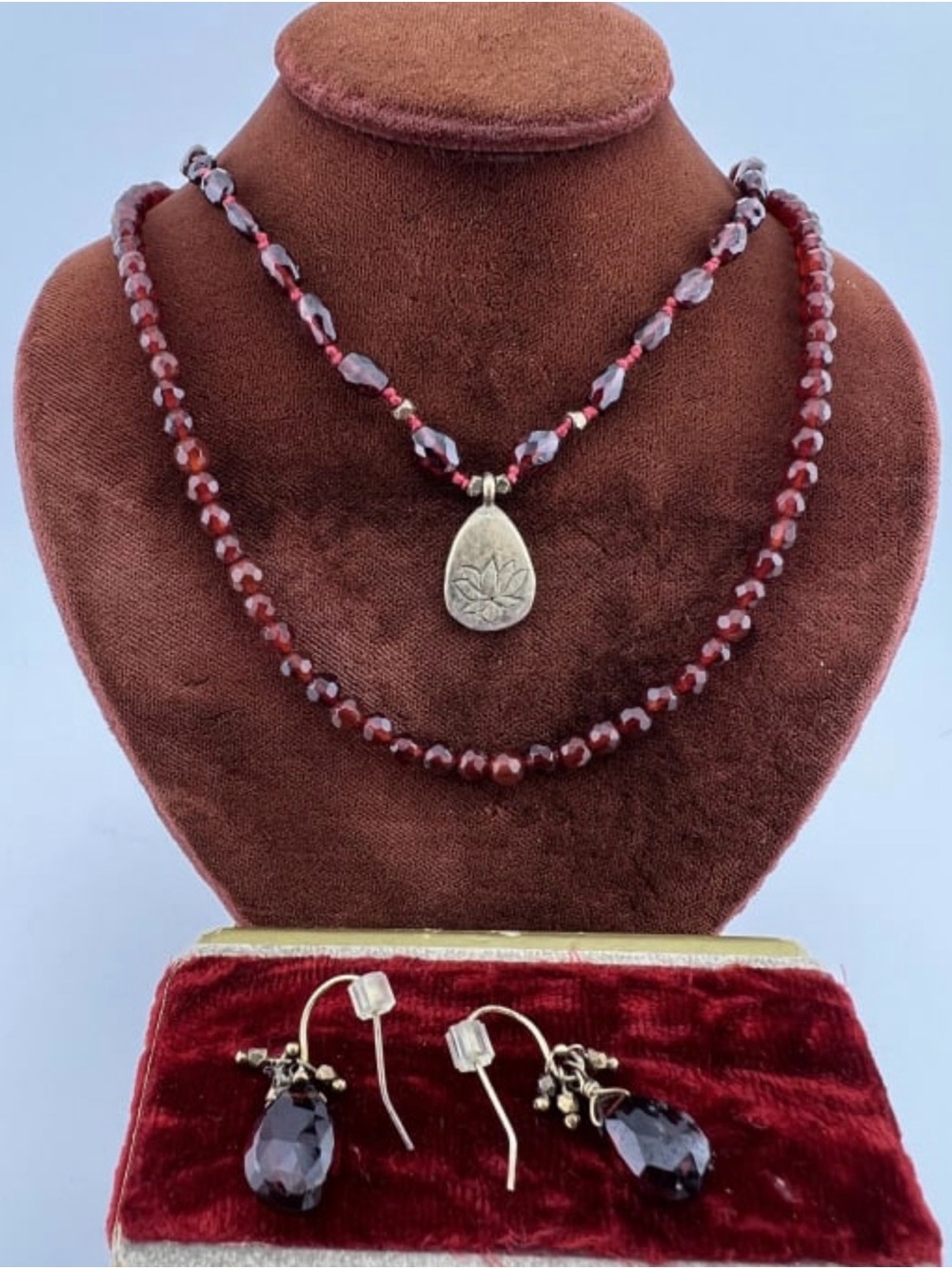 Handmade Garnet Bead Necklace & Drop Earrings Set - Deep Wine Red